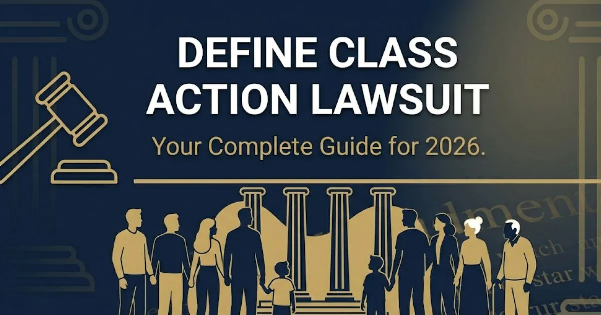 Define class action lawsuit 2026 guide banner with courthouse silhouette and bold headline on navy background