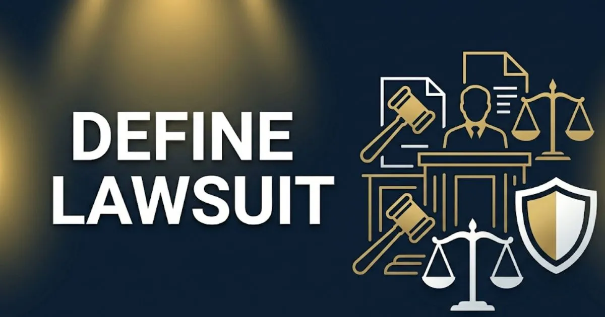 Define lawsuit blog banner with gavel, scales of justice, and bold headline text on deep navy background