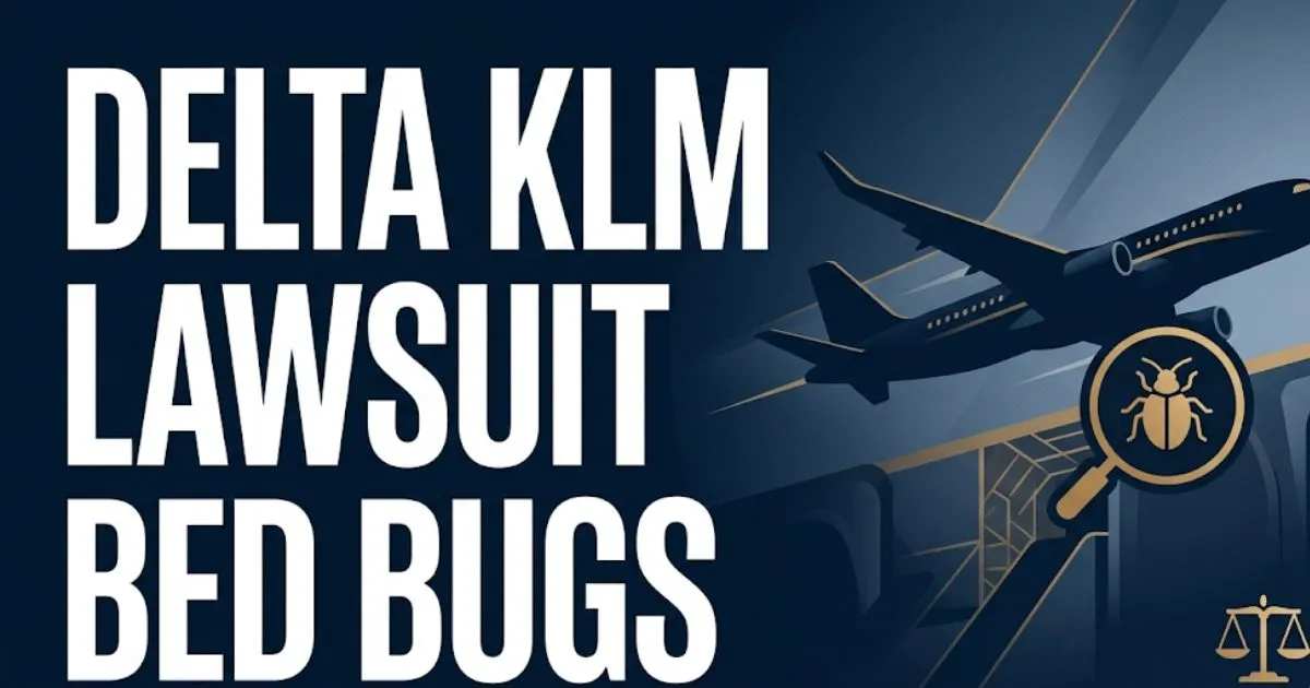 Delta KLM lawsuit bed bugs 2026 legal guide banner with aircraft silhouette and legal scales on navy background