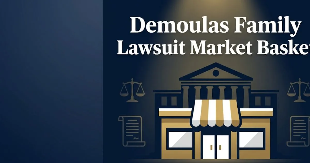 Demoulas family lawsuit Market Basket 2026 legal guide banner with courthouse and grocery store silhouette icons