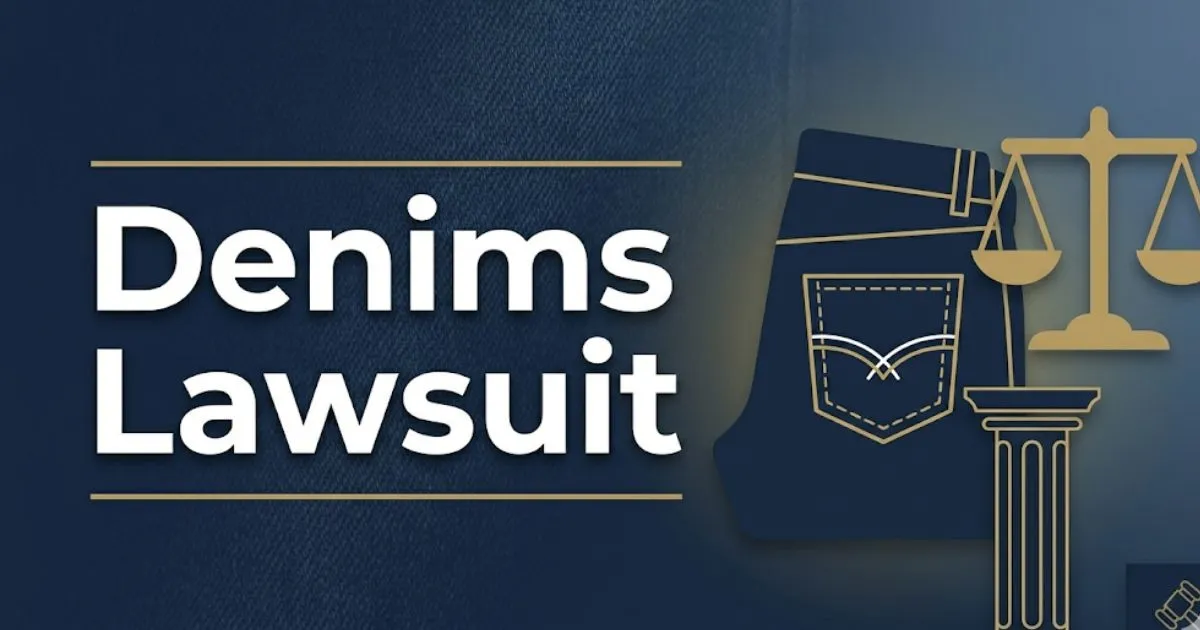 Denims lawsuit 2026 editorial banner showing denim silhouette and legal scales on navy background