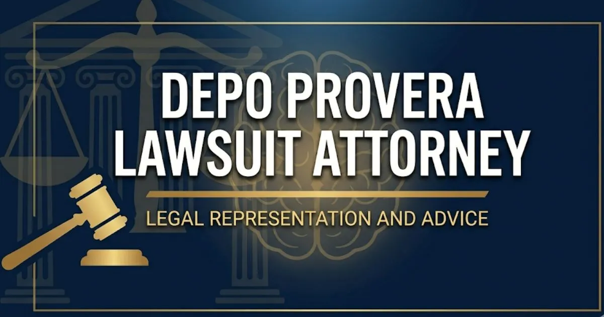 Depo Provera Lawsuit Attorney guide 2026 banner with courthouse silhouette and legal gavel on navy background