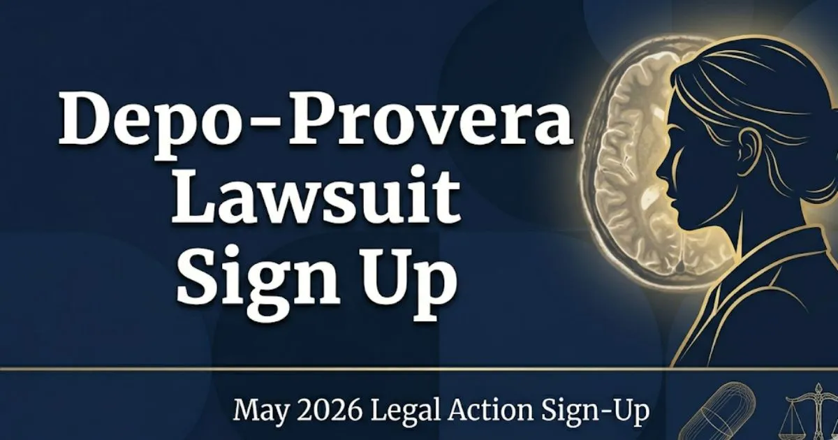 Depo-Provera Lawsuit Sign Up guide 2026 legal banner with brain scan silhouette and justice scale