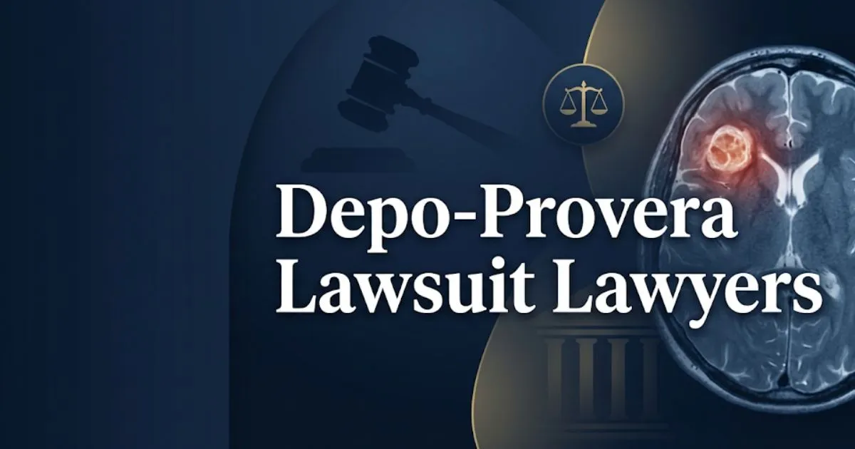 Depo-Provera lawsuit lawyers 2026 guide with legal symbols and brain scan imagery