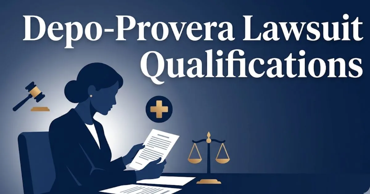 Depo-Provera lawsuit qualifications 2026 guide with legal symbols and silhouette reviewing documents