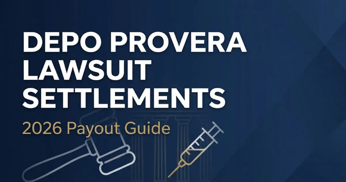 Depo Provera lawsuit settlements 2026 payout guide with legal and medical imagery on navy background