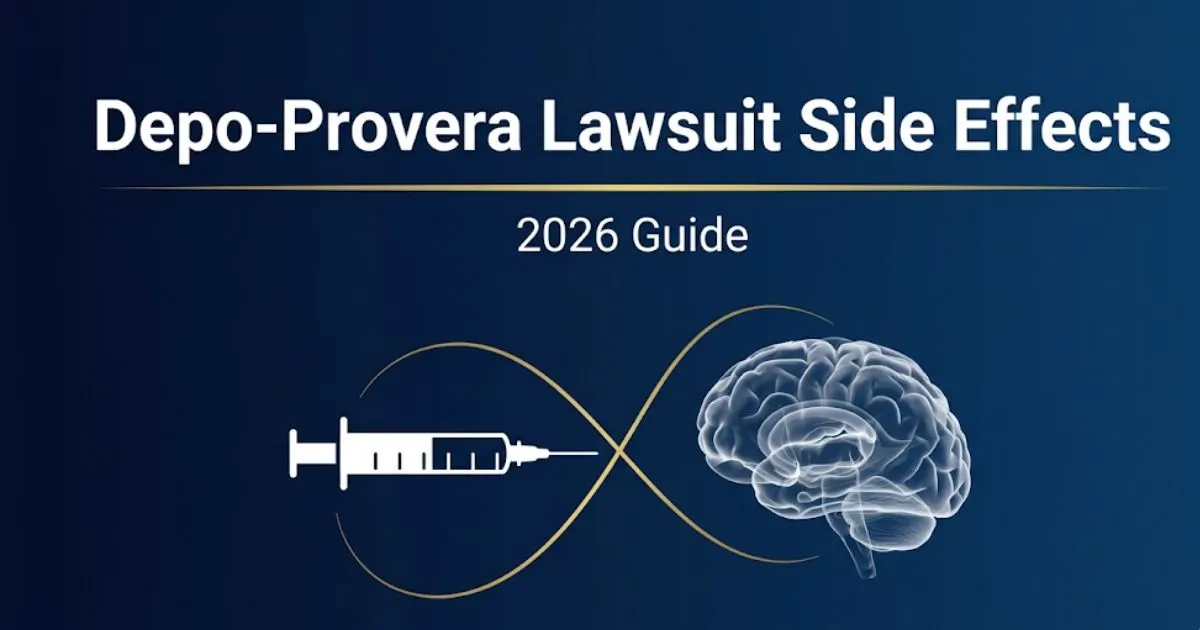Depo-Provera lawsuit side effects 2026 guide banner with syringe and brain illustration