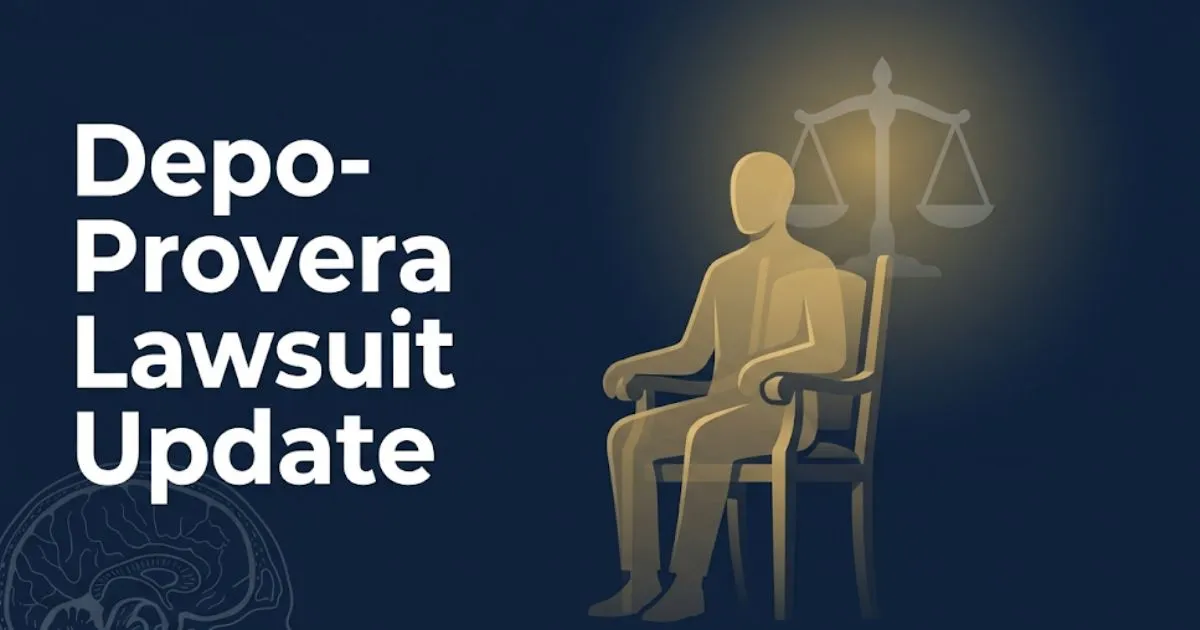 Depo-Provera lawsuit update 2026 blog banner with legal scales and brain tumor claim headline text