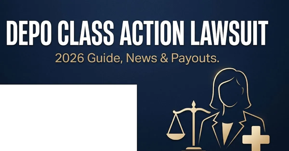 Depo class action lawsuit 2026 guide banner with legal scale icon and navy gold color scheme