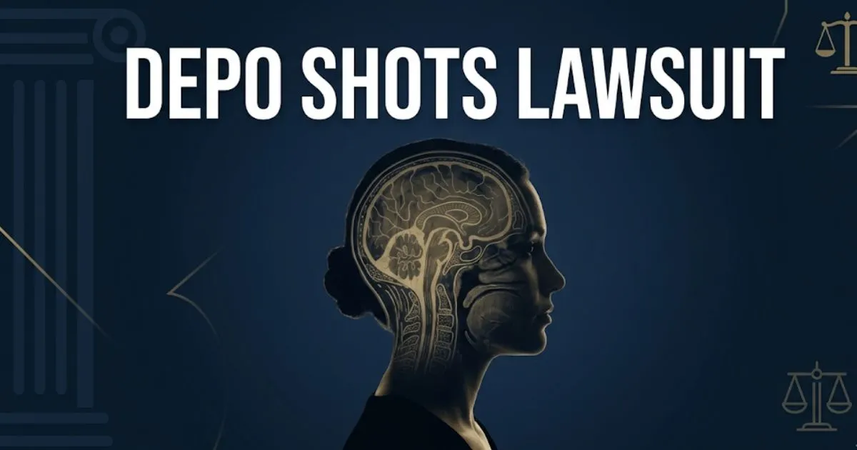 Depo shots lawsuit 2026 blog banner with brain scan silhouette and legal symbols
