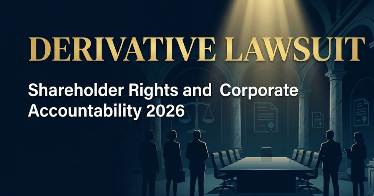 Derivative lawsuit explainer blog banner with courthouse silhouette and shareholder rights theme for 2026