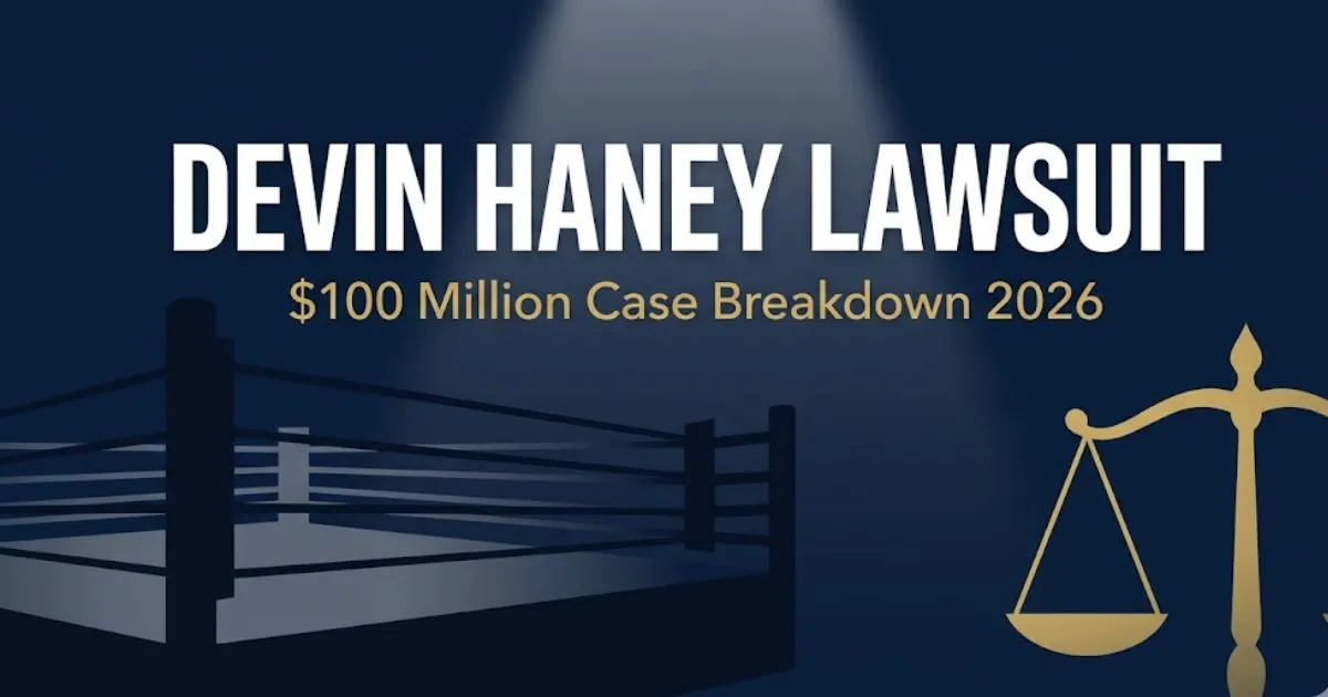 Devin Haney lawsuit 2026 editorial banner showing $100 million case headline with boxing and legal symbols