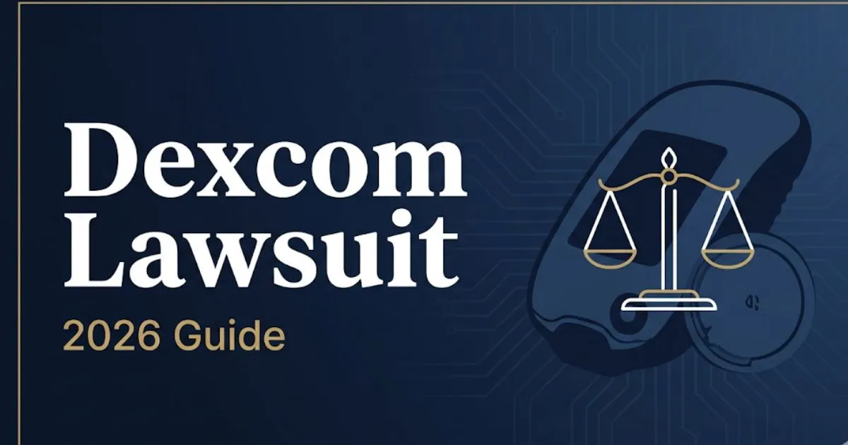 Dexcom lawsuit 2026 legal guide banner with CGM device and justice scale icons