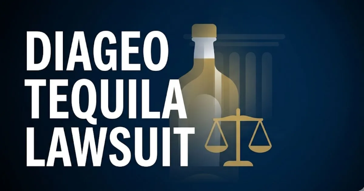 Diageo tequila lawsuit 2026 editorial banner with scales of justice and tequila bottle silhouette on navy background