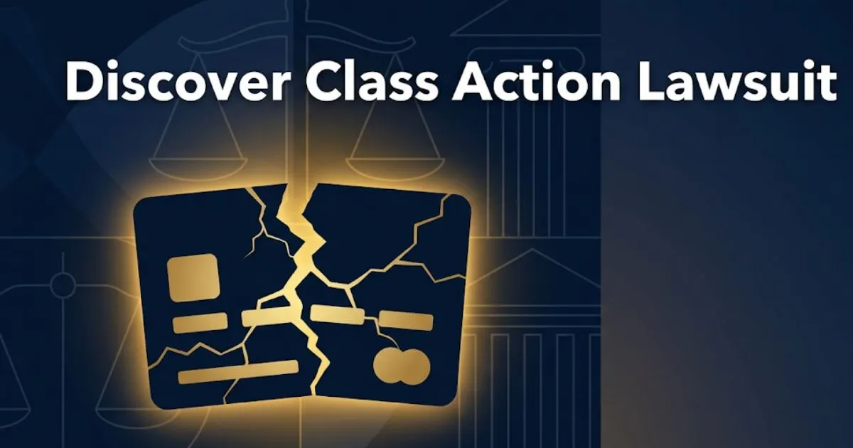 Discover class action lawsuit 2026 guide with credit card and legal imagery in navy and gold design