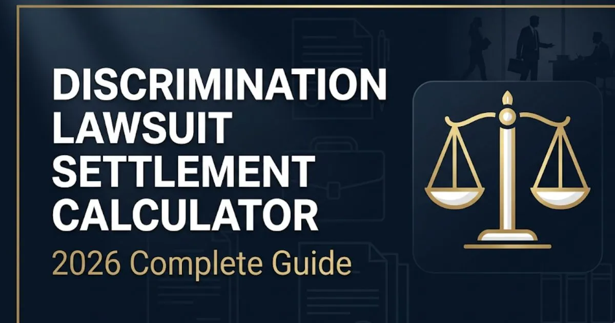 Discrimination lawsuit settlement calculator 2026 guide banner with legal scales and bold headline text on navy background