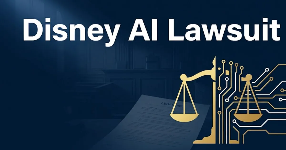 Disney AI lawsuit 2026 legal case overview banner with scales of justice and AI circuit design
