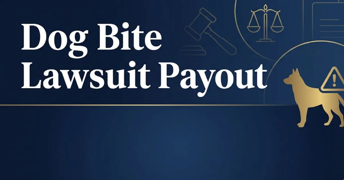 Dog bite lawsuit payout 2026 settlement guide with legal symbols and navy gold design