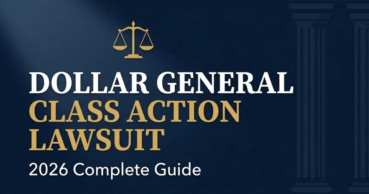 Dollar General class action lawsuit 2026 guide banner with legal scales icon on navy background INPUT MAIN KEYWORD {{dollar general class action lawsuit}} CLUSTER KEYWORDS {{dollar general c