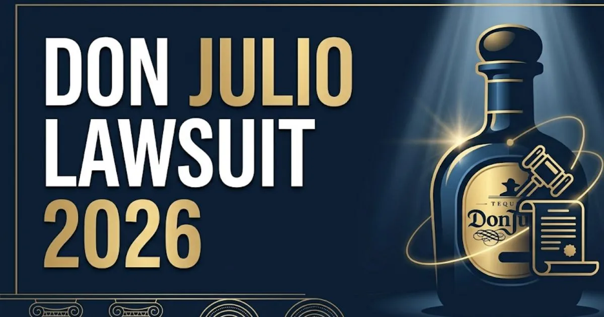 Don Julio lawsuit 2026 blog banner with tequila bottle silhouette, gavel icon, and legal document symbols on navy background