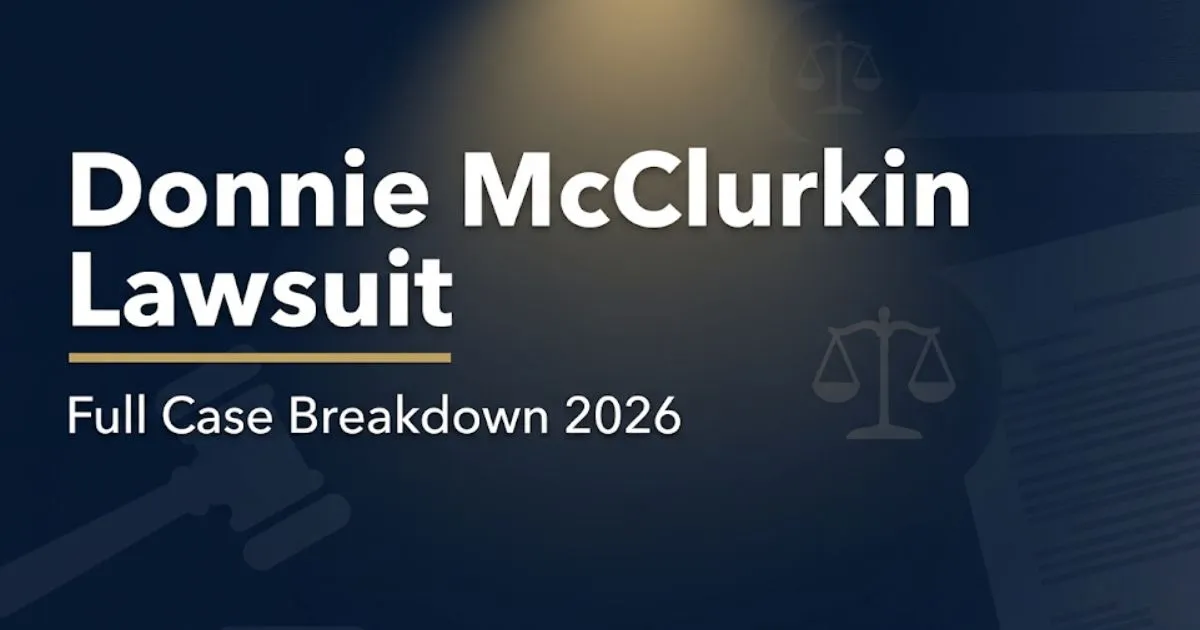 Donnie McClurkin lawsuit blog banner with bold headline text, gavel icon, and scales of justice on navy background