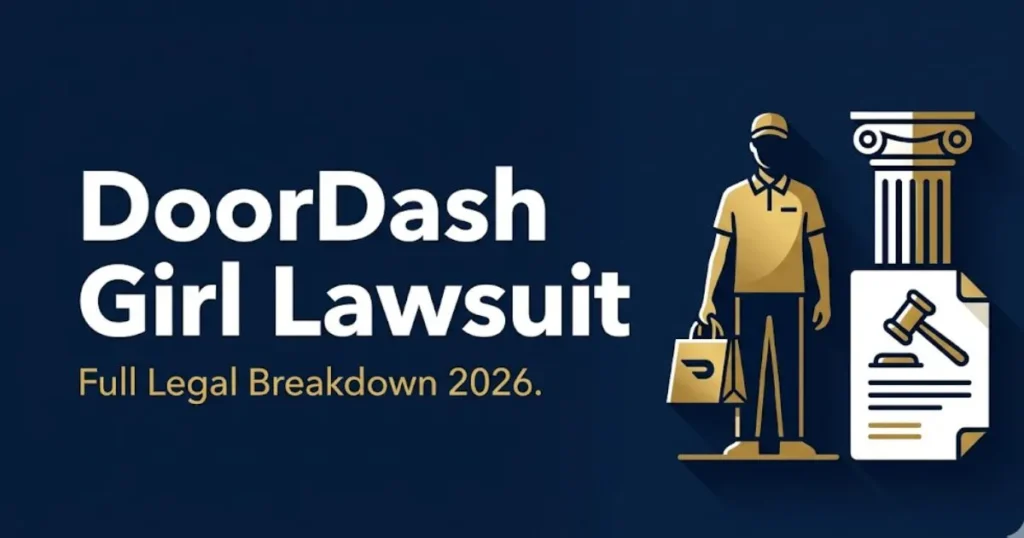 DoorDash girl lawsuit 2026 legal breakdown banner with delivery driver silhouette and courthouse icons on navy background