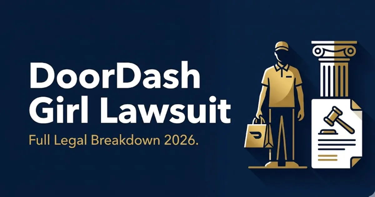DoorDash girl lawsuit 2026 legal breakdown banner with delivery driver silhouette and courthouse icons on navy background