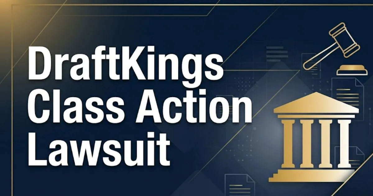 DraftKings class action lawsuit 2026 legal guide banner with courthouse silhouette and gavel on navy background