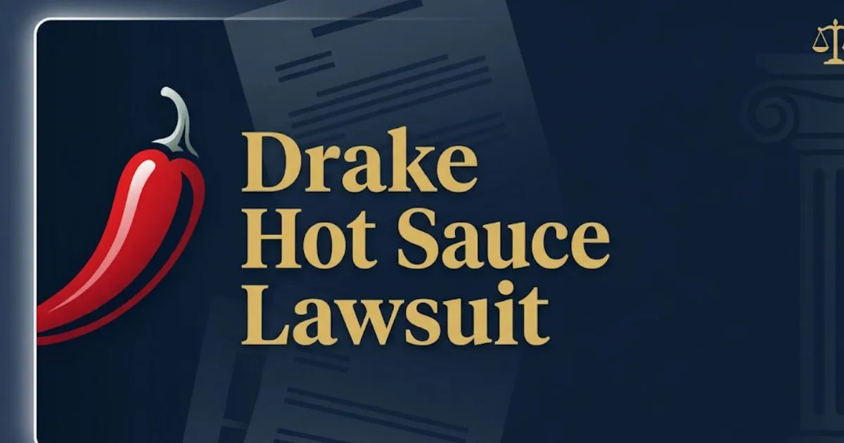Drake hot sauce lawsuit 2026 legal guide banner with bold headline text and legal themed navy gold design