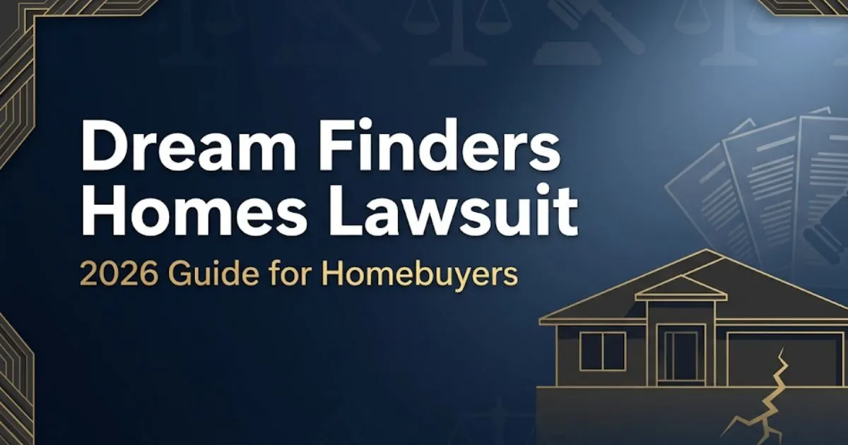 Dream Finders Homes Lawsuit 2026 guide banner showing home silhouette with foundation crack and legal gavel icon