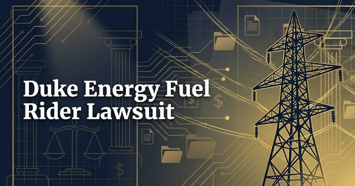 Duke energy fuel rider lawsuit blog banner with legal scales, power line silhouette, and bold headline on navy background