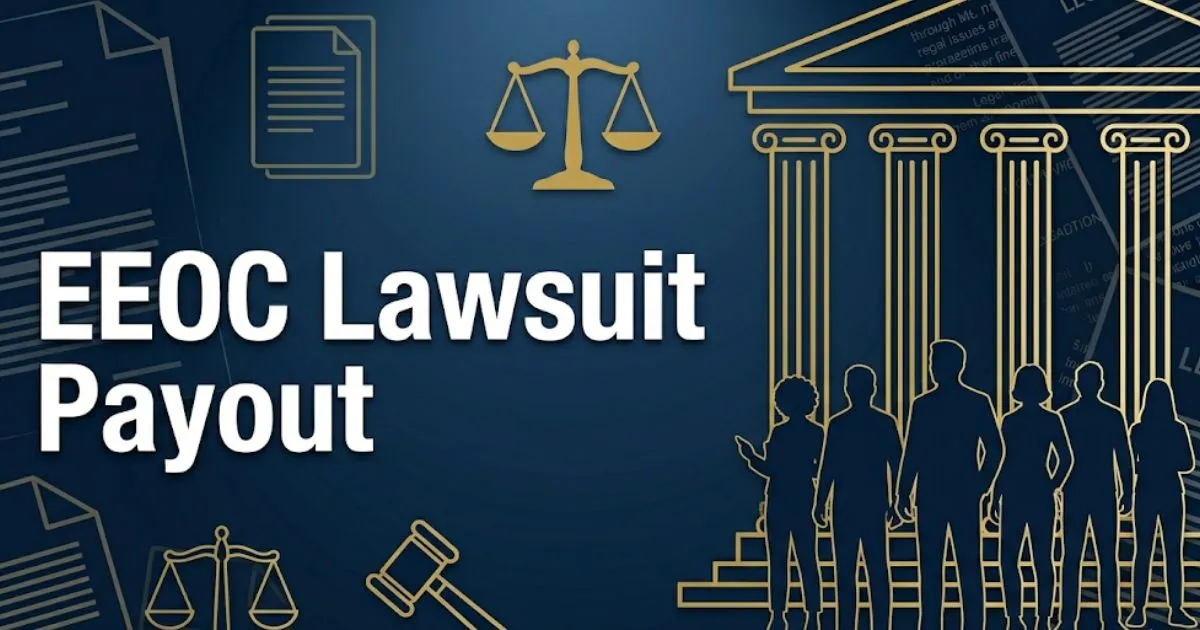 EEOC lawsuit payout 2026 guide showing legal scale and courthouse silhouette on navy background