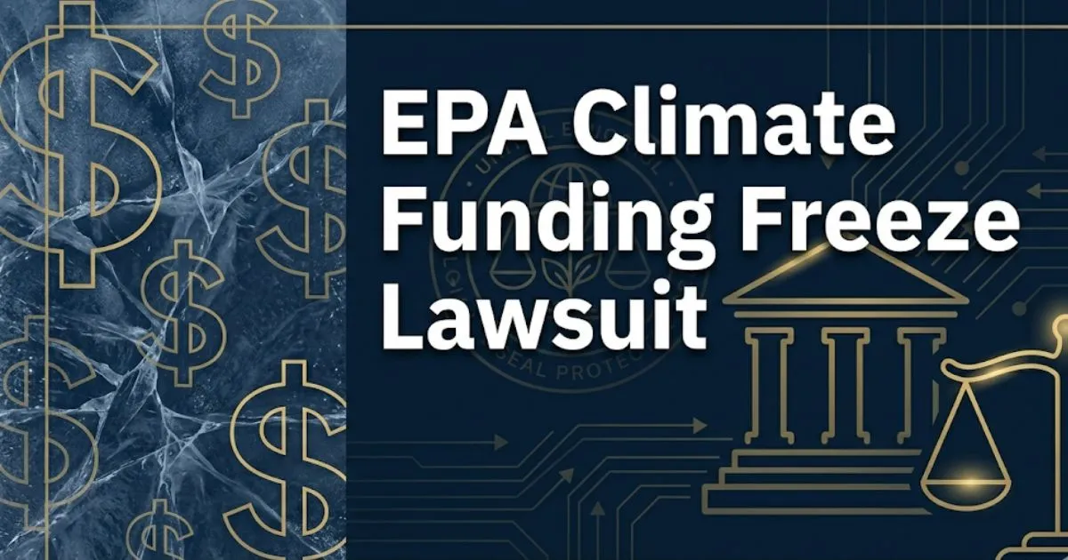 EPA climate funding freeze lawsuit 2026 legal guide banner with courthouse silhouette and frozen grant symbols