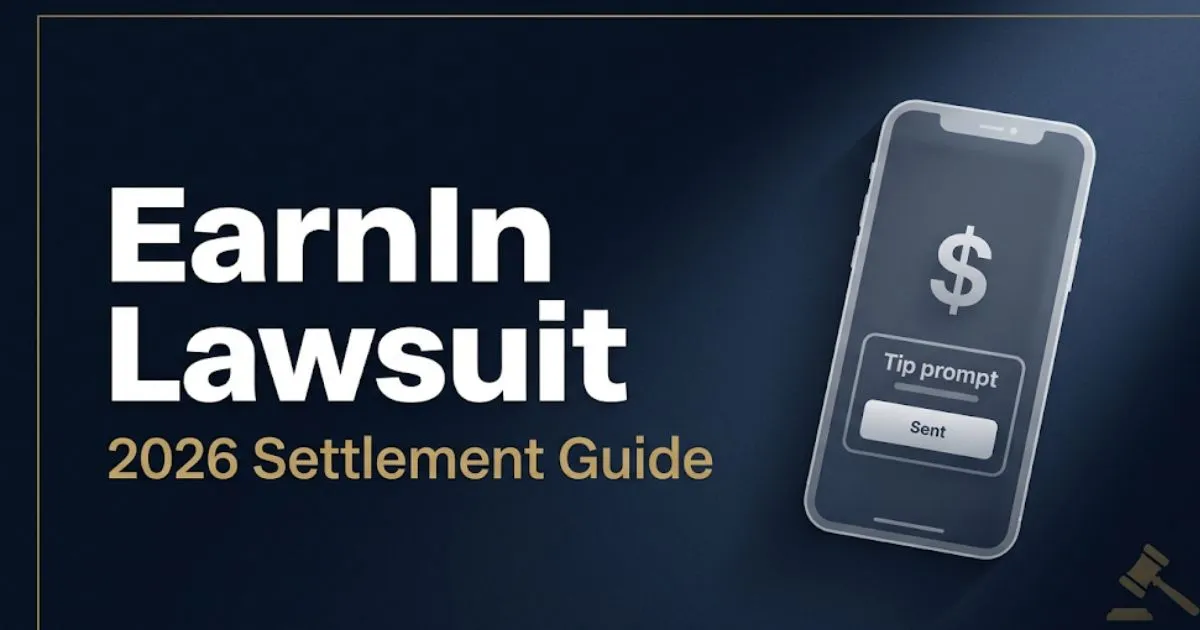 EarnIn lawsuit 2026 settlement guide banner showing smartphone tip screen and legal gavel icons on navy background