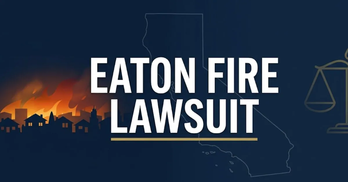 Eaton fire lawsuit 2026 hero banner with legal scale and California fire silhouette on navy background