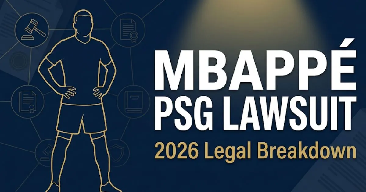 Editorial banner for Mbappé PSG lawsuit 2026 legal case breakdown with football silhouette and legal symbols