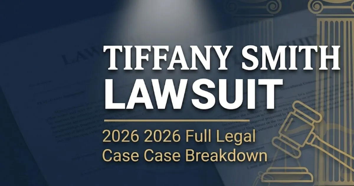 Editorial banner for the Tiffany Smith Lawsuit 2026 with gavel silhouette and bold headline text on navy background