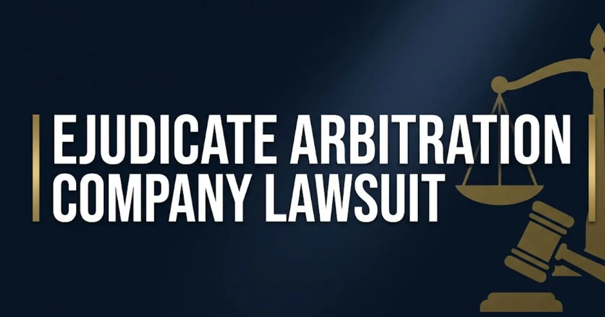 Ejudicate arbitration company lawsuit 2026 guide banner with scales of justice and legal icons on navy background