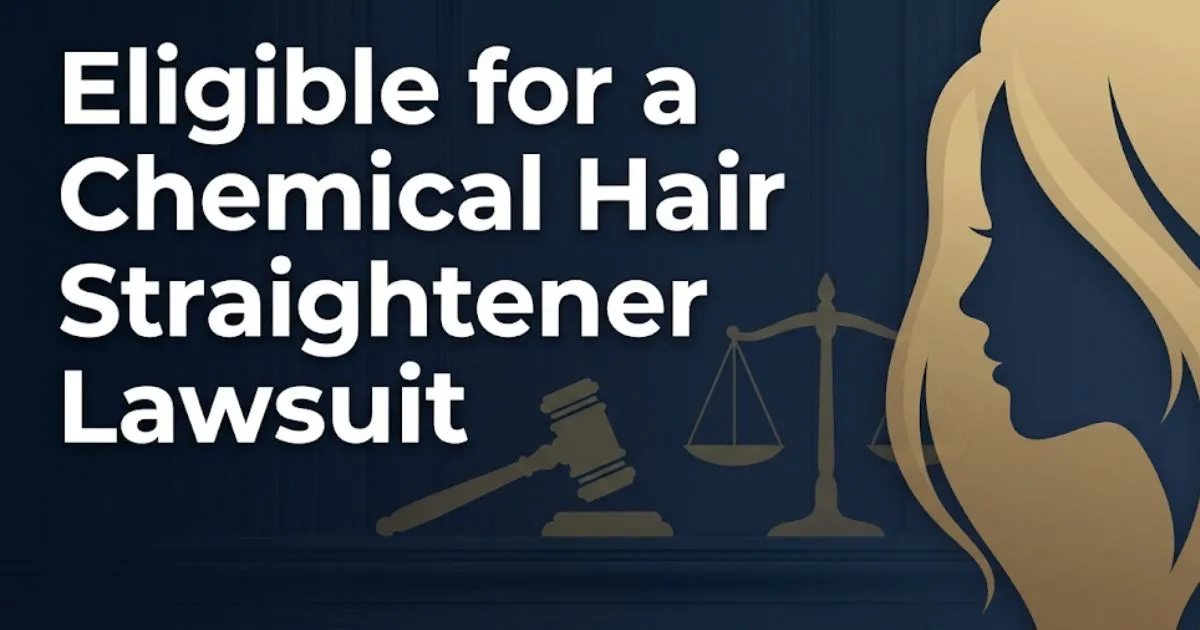 Eligible for a chemical hair straightener lawsuit banner with legal scales and silhouette on navy background
