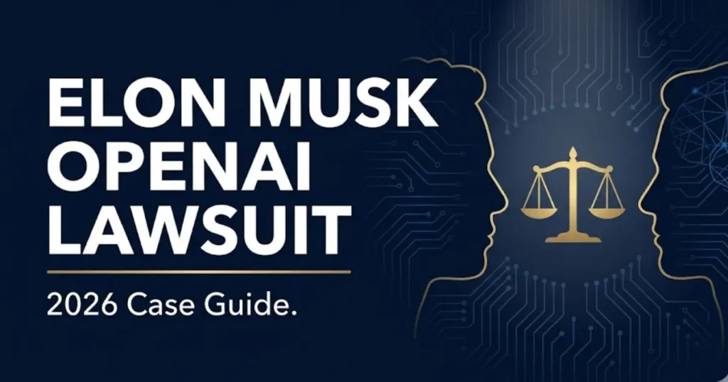 Elon Musk OpenAI lawsuit 2026 editorial banner showing scales of justice and legal case headline