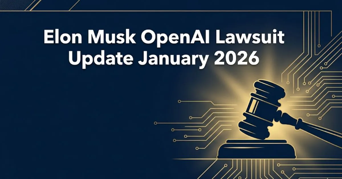 Elon Musk OpenAI lawsuit update January 2026 editorial banner with gavel and AI circuit design on navy background