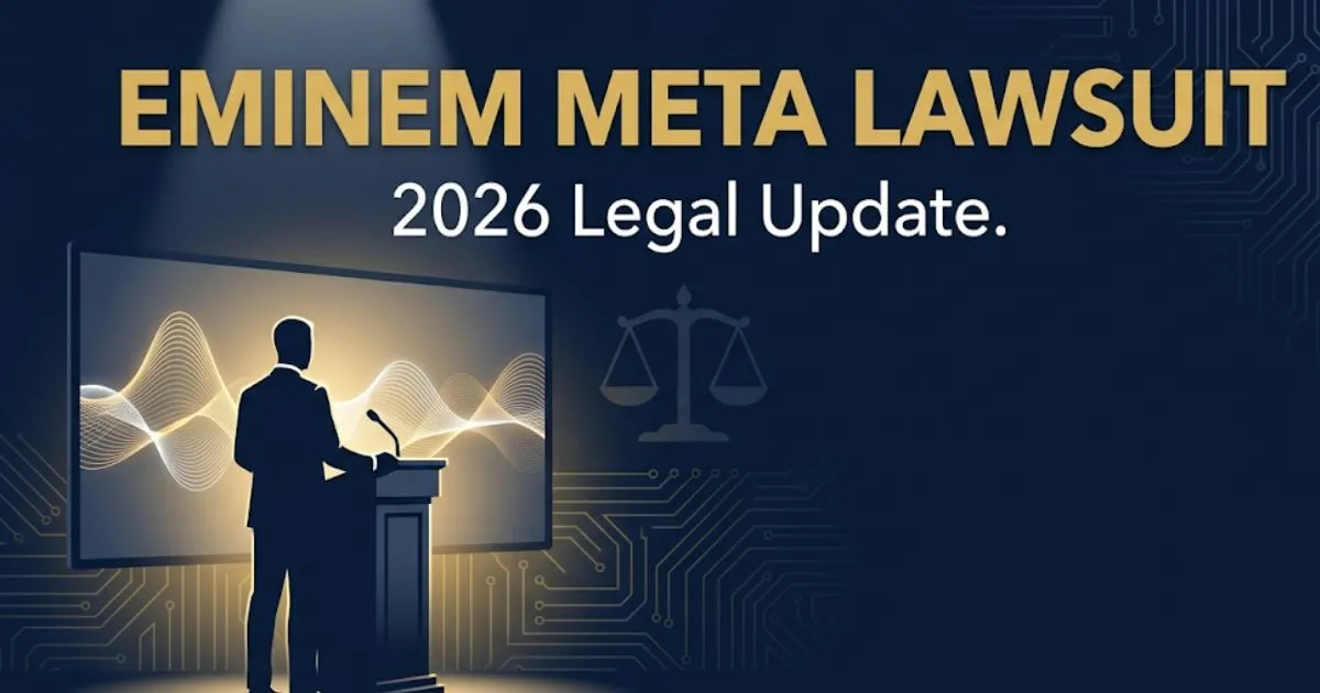 Eminem Meta lawsuit 2026 legal update banner with courtroom silhouette and AI waveform on navy background INPUT MAIN KEYWORD {{eminem meta lawsuit}} CLUSTER KEYWORDS {{paste cluster keywords