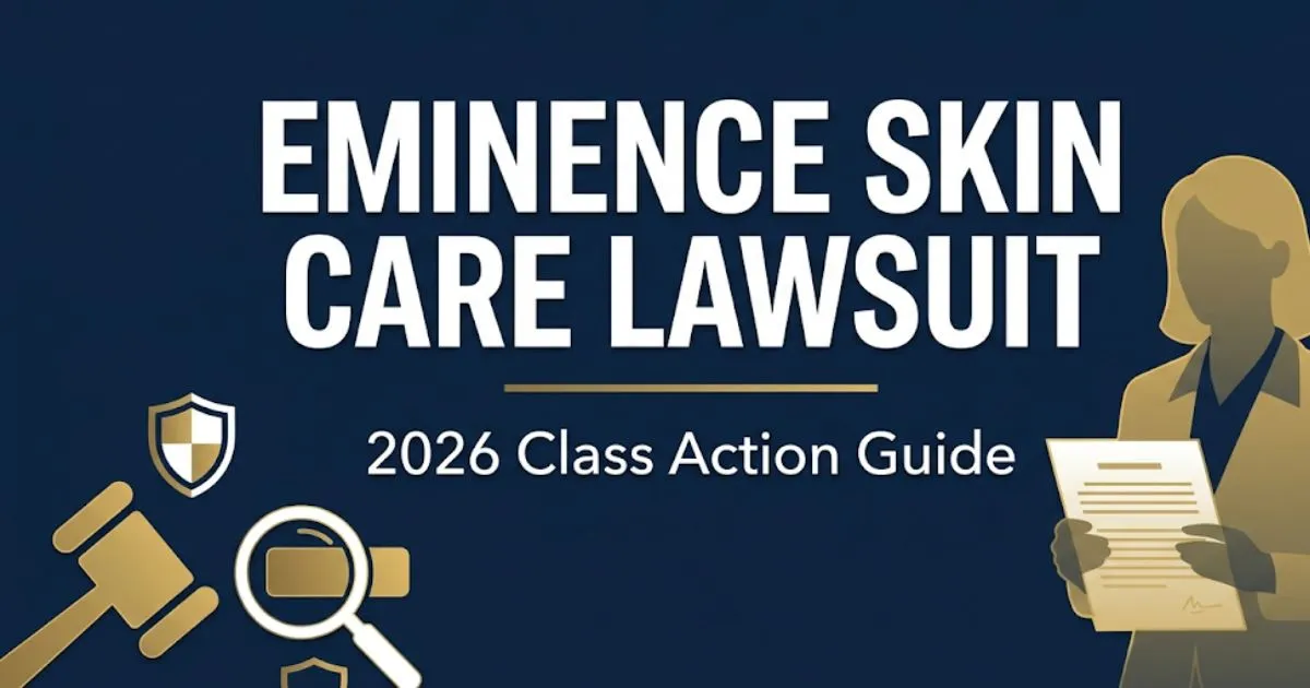 Eminence skin care lawsuit 2026 class action guide banner with legal icons and gold accents on navy background