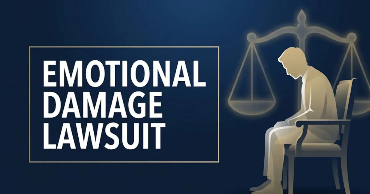 Emotional damage lawsuit guide 2026 banner showing silhouette figure with scales of justice on navy background
