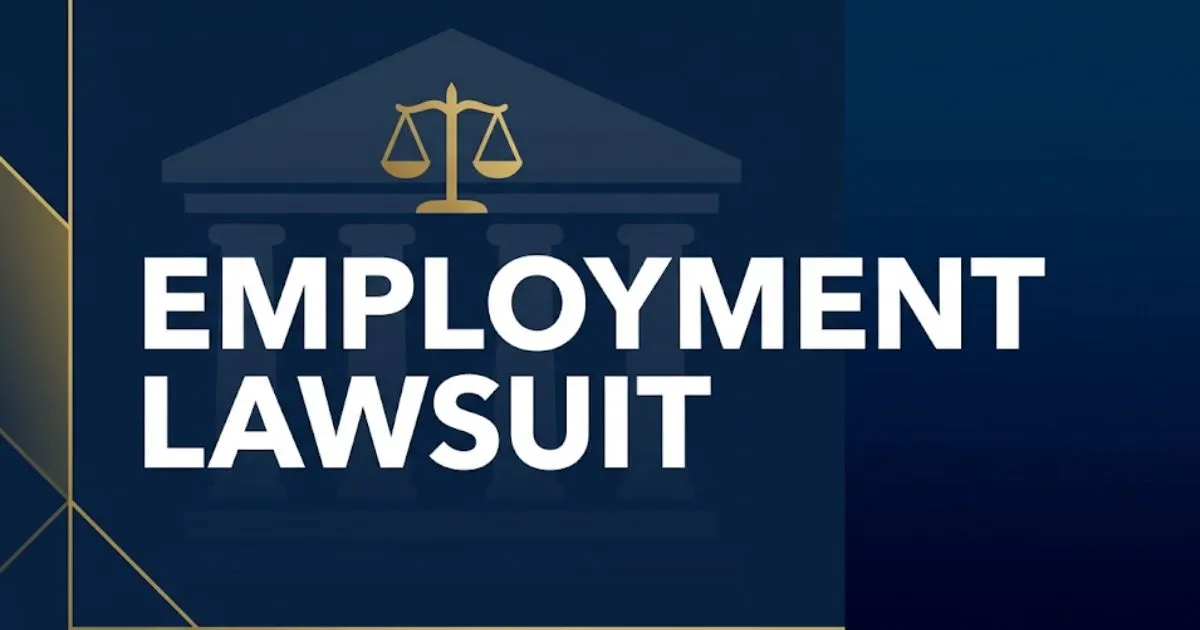 Employment lawsuit guide 2026 showing courthouse silhouette and scales of justice on navy background