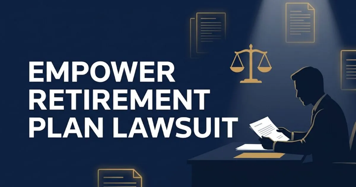 Empower retirement plan lawsuit 2026 editorial banner with legal scales icon and navy gold color scheme