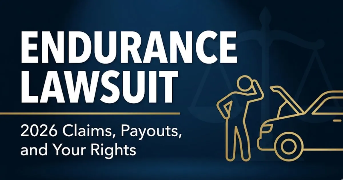 Endurance Lawsuit 2026 hero banner with broken-down vehicle silhouette and legal scales on navy background