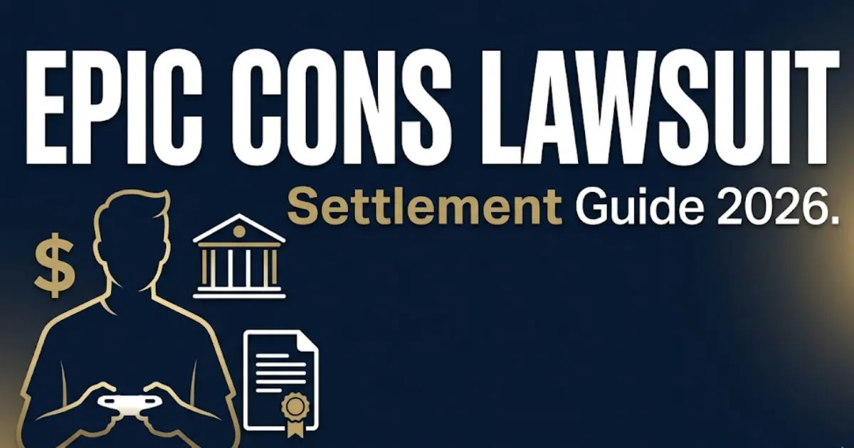 Epic cons lawsuit 2026 settlement guide banner with legal icons and bold headline text on navy background
