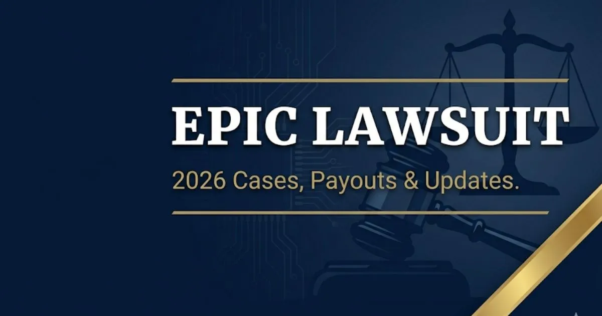 Epic lawsuit 2026 guide banner with gavel and scales of justice in navy and gold design Epic lawsuit 2026 guide banner with gavel and scales of justice in navy and gold design