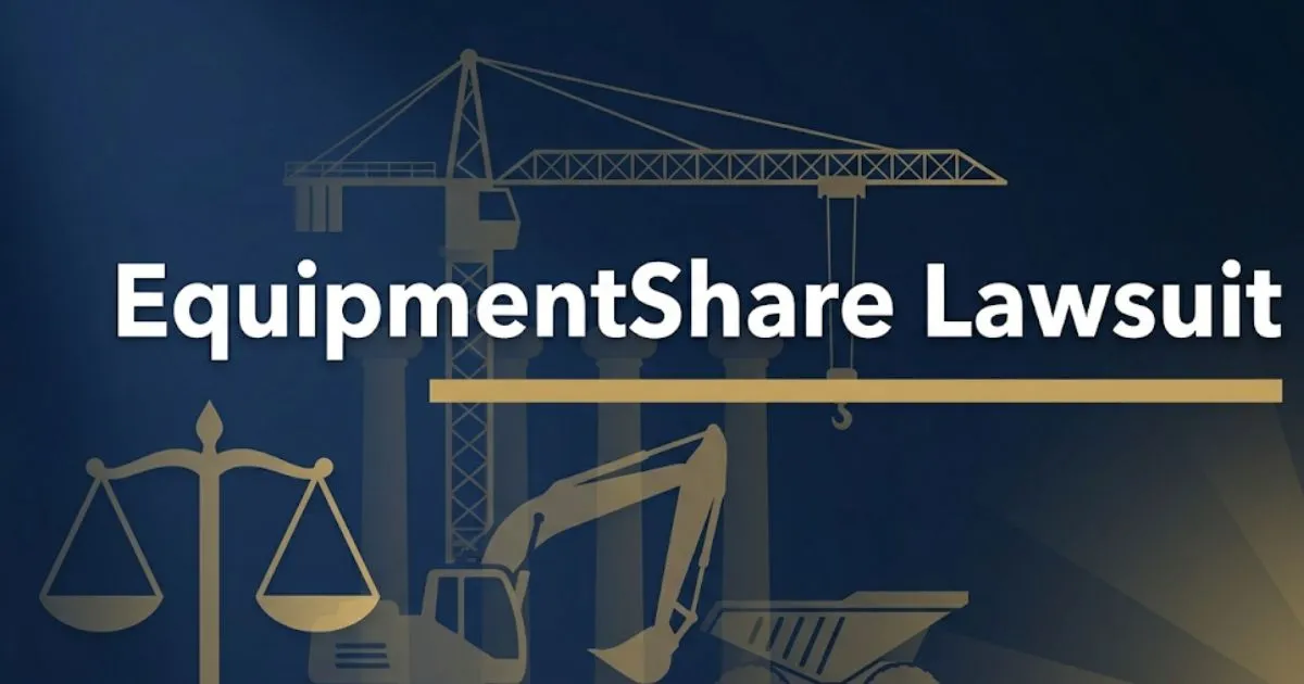 EquipmentShare lawsuit 2026 guide banner showing legal scales and construction equipment silhouette on navy background
